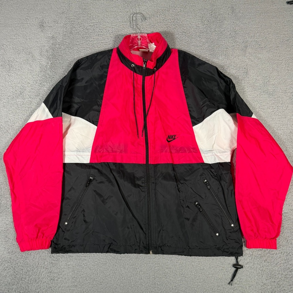Vtg Nike Jacket Adult Large Black Pink Red Full Zip Windbreaker Hidden Hood